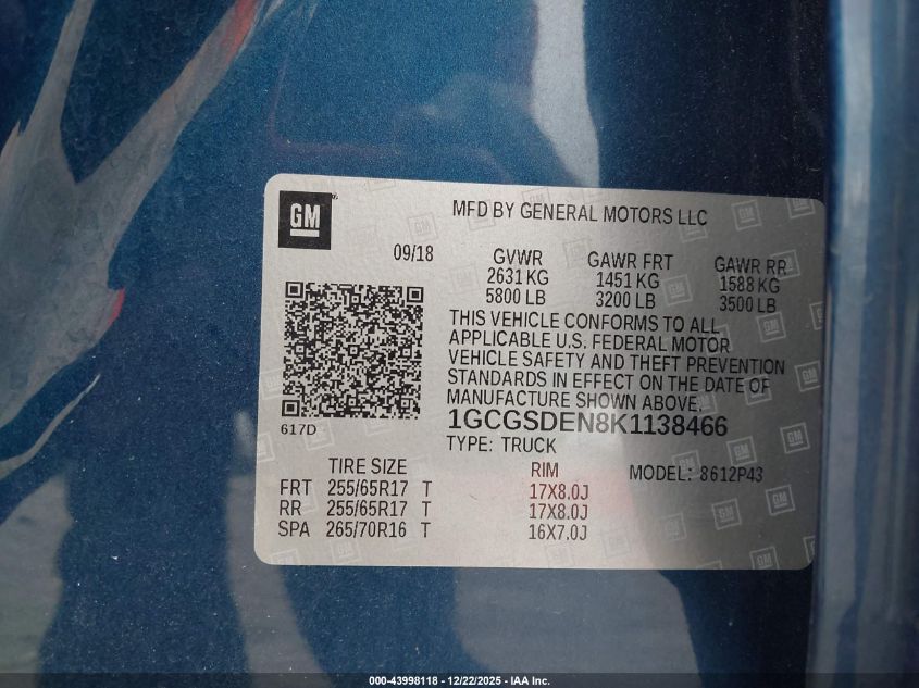 2019 Chevrolet Colorado Z71 VIN: 1GCGSDEN8K1138466 Lot: 43998118