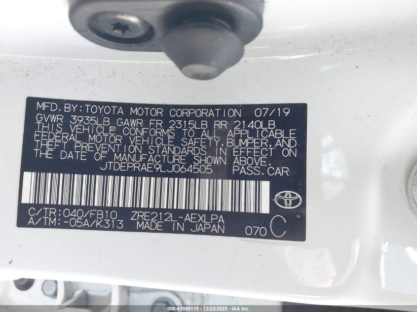 2020 Toyota Corolla Le VIN: JTDEPRAE9LJ064505 Lot: 43998119