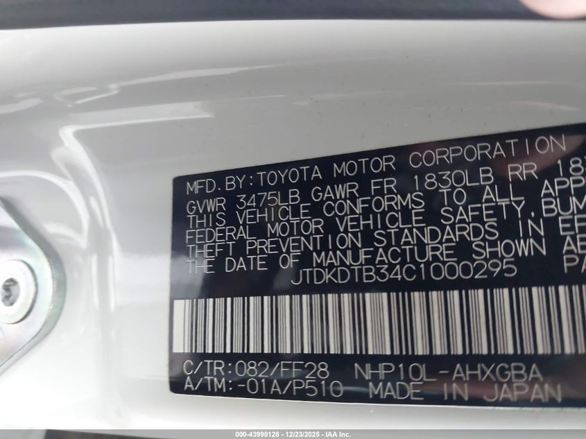 2012 Toyota Prius C Three VIN: JTDKDTB34C1000295 Lot: 43998128