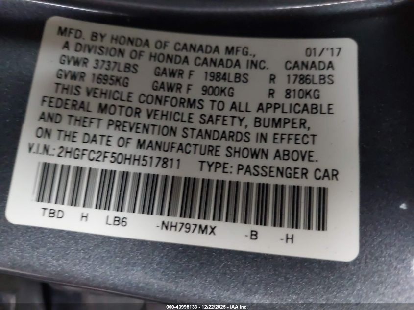 2017 Honda Civic Lx VIN: 2HGFC2F50HH517811 Lot: 43998133