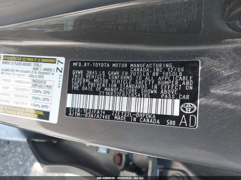 2007 Toyota Matrix VIN: 2T1KR32E67C654185 Lot: 43998135