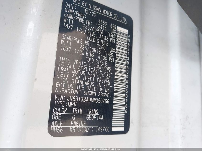 2024 Nissan Rogue Sv Fwd VIN: JN8BT3BA0RW350766 Lot: 43998140