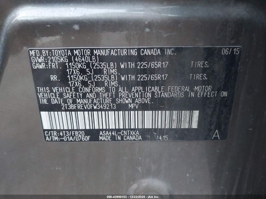 2015 Toyota Rav4 Le VIN: 2T3BFREV0FW349213 Lot: 43998153