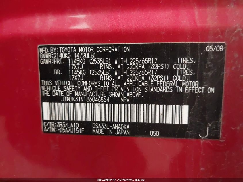 2008 Toyota Rav4 Limited V6 VIN: JTMBK31V186046864 Lot: 43998157