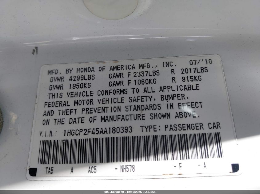 2010 Honda Accord 2.4 Lx-P VIN: 1HGCP2F45AA180393 Lot: 43998170