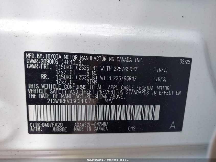 2025 Toyota Rav4 Xle VIN: 2T3W1RFV3SC318371 Lot: 43998174