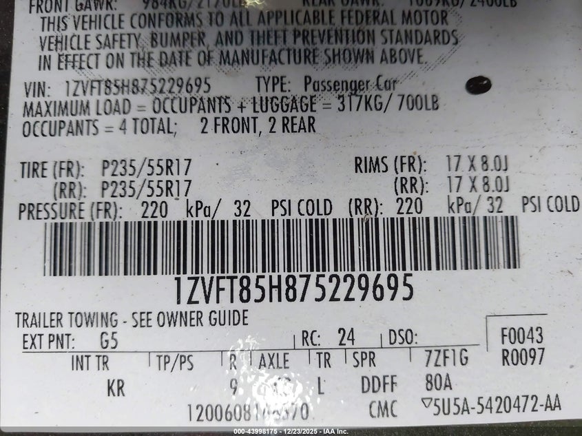 1ZVFT85H875229695 | 2007 Ford Mustang Gt Deluxe/Gt Premium