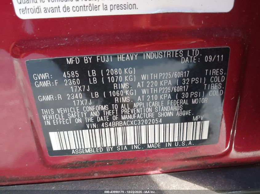 2012 Subaru Outback 2.5I VIN: 4S4BRBACXC3202054 Lot: 43998179