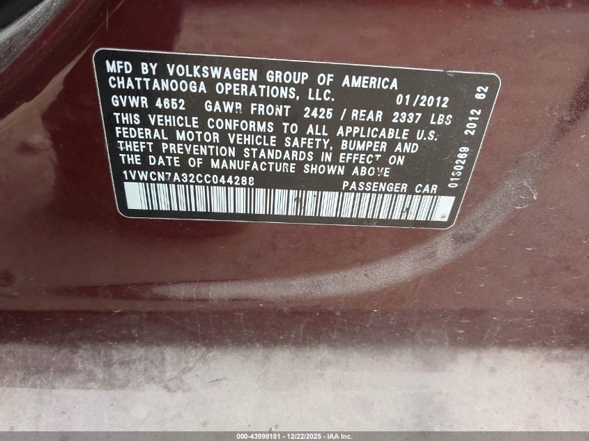 2012 Volkswagen Passat 2.0L Tdi Sel Premium VIN: 1VWCN7A32CC044288 Lot: 43998181