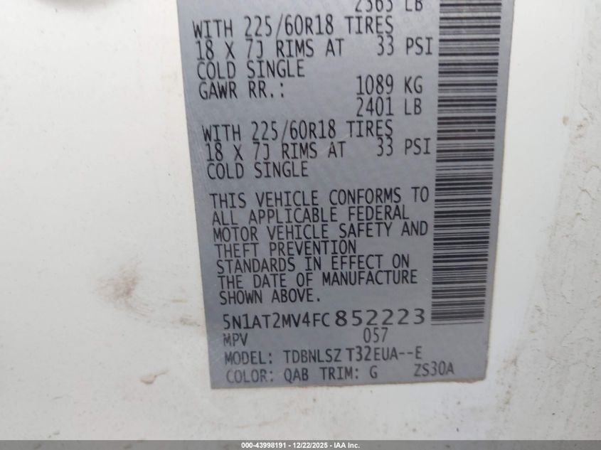 2015 Nissan Rogue Sl VIN: 5N1AT2MV4FC852223 Lot: 43998191