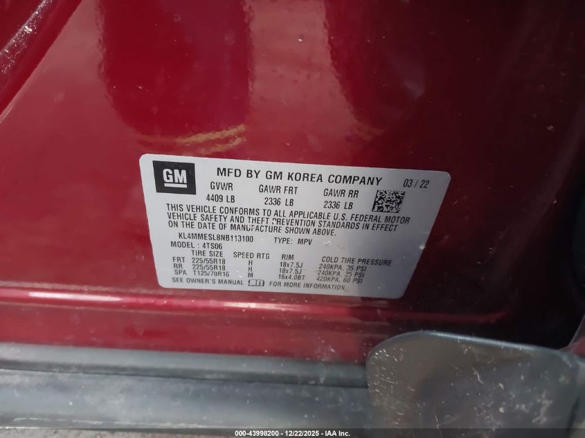 2022 Buick Encore Gx Awd Select VIN: KL4MMESL8NB113100 Lot: 43998200