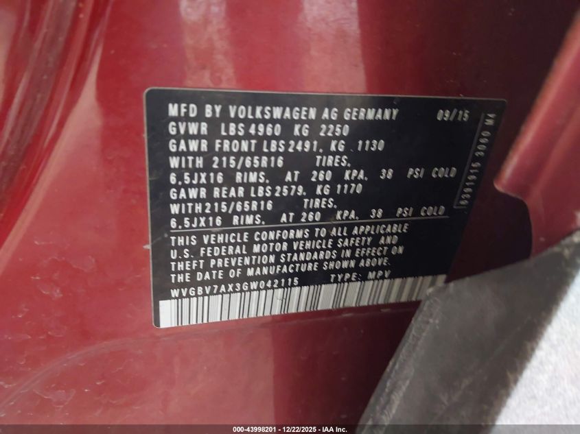 2016 Volkswagen Tiguan S VIN: WVGBV7AX3GW042115 Lot: 43998201