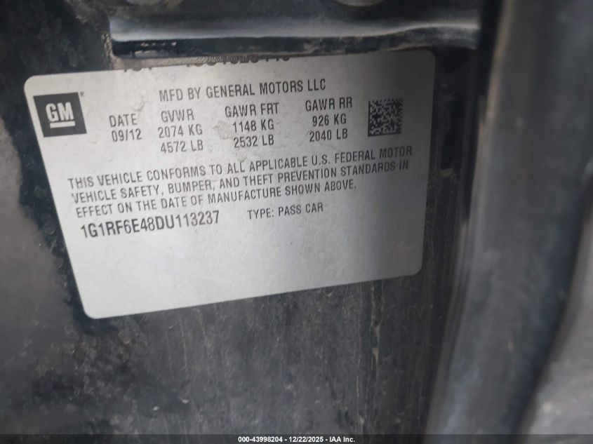 2013 Chevrolet Volt VIN: 1G1RF6E48DU113237 Lot: 43998204