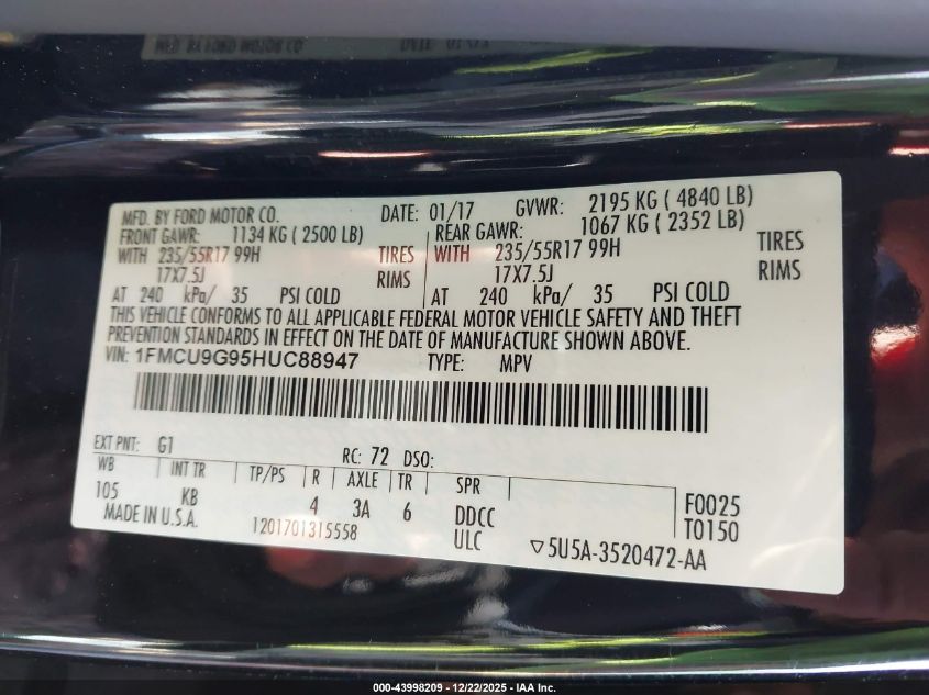 2017 Ford Escape Se VIN: 1FMCU9G95HUC88947 Lot: 43998209