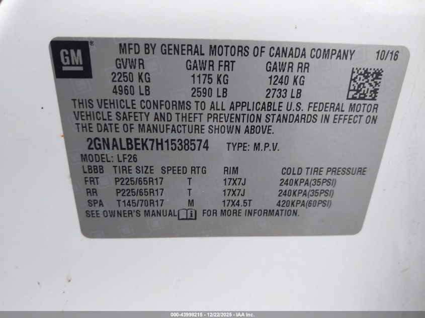 2017 Chevrolet Equinox Ls VIN: 2GNALBEK7H1538574 Lot: 43998215