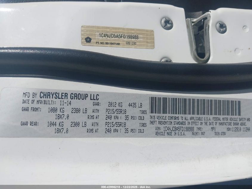 2015 Jeep Compass Altitude Edition VIN: 1C4NJCBA5FD198988 Lot: 43998218