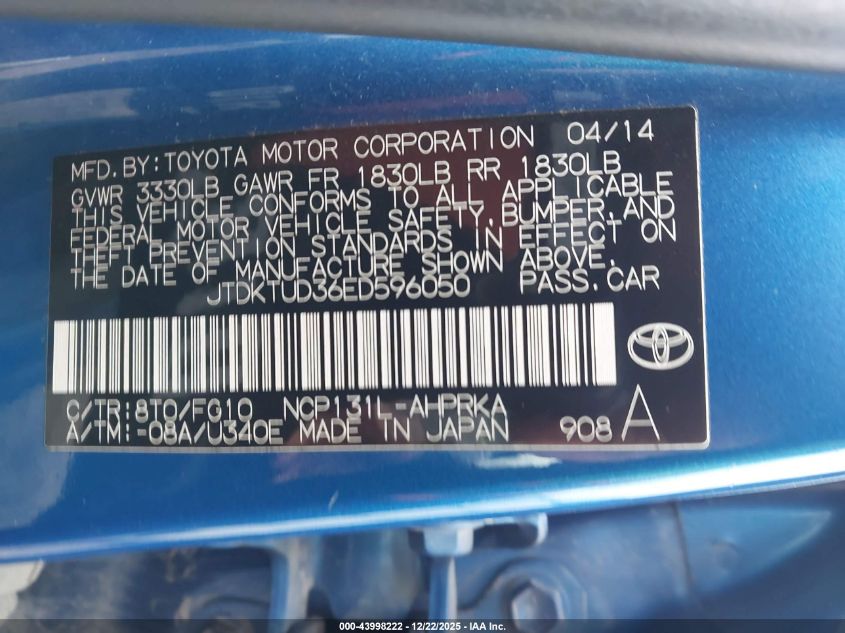 2014 Toyota Yaris L (Tmc/Cbu Plant) VIN: JTDKTUD36ED596050 Lot: 43998222