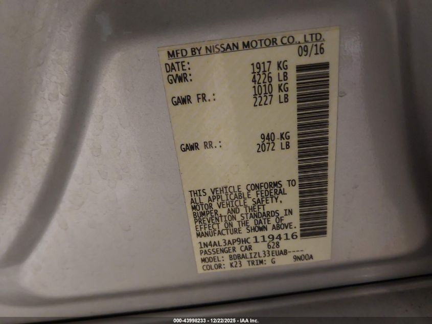 2017 Nissan Altima 2.5/2.5 S/2.5 Sl/2.5 Sr/2.5 Sv VIN: 1N4AL3AP9HC119416 Lot: 43998233