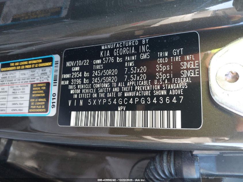 2023 Kia Telluride Sx VIN: 5XYP54GC4PG343647 Lot: 43998240