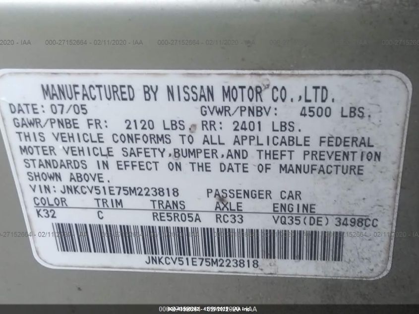 2005 Infiniti G35 VIN: JNKCV51E75M223818 Lot: 43998242