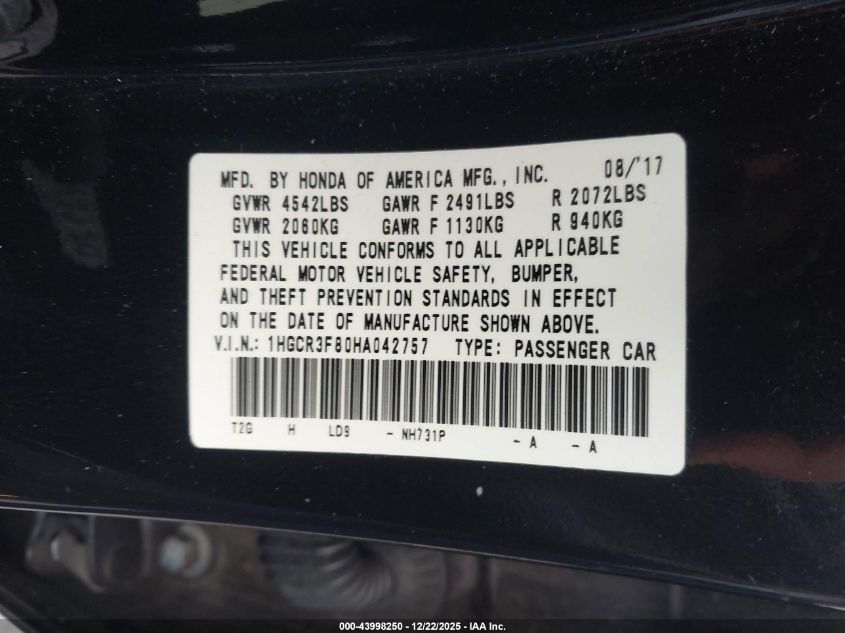 2017 Honda Accord Ex-L V6 VIN: 1HGCR3F80HA042757 Lot: 43998250