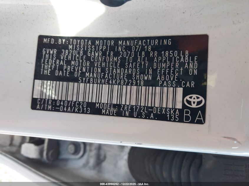 2019 Toyota Corolla Se VIN: 5YFBURHE4KP872918 Lot: 43998252