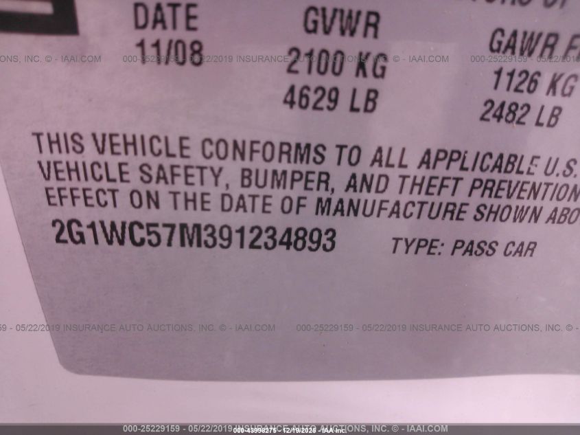 2009 Chevrolet Impala Lt VIN: 2G1WC57M391234893 Lot: 43998275