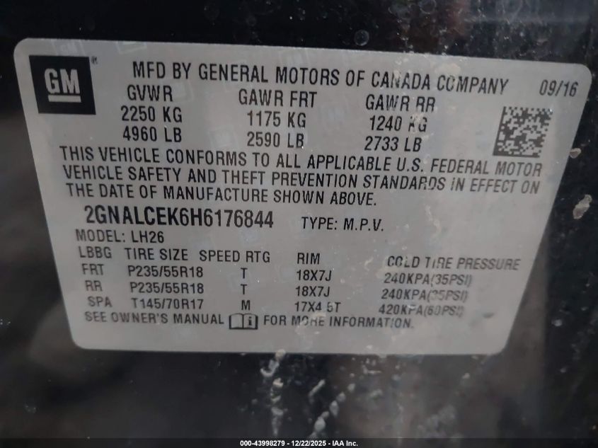 2017 Chevrolet Equinox Lt VIN: 2GNALCEK6H6176844 Lot: 43998279