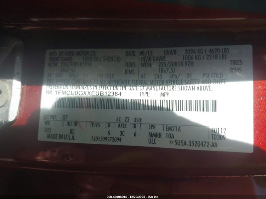 2014 Ford Escape Se VIN: 1FMCU0GXXEUB12384 Lot: 43998294