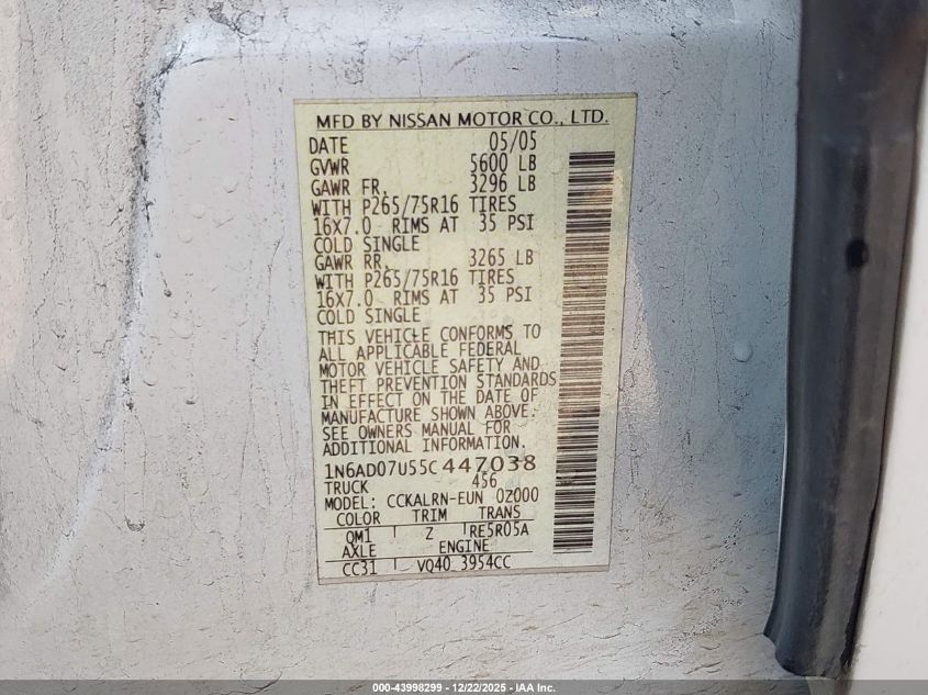 2005 Nissan Frontier Nismo Off Road VIN: 1N6AD07U55C447038 Lot: 43998299