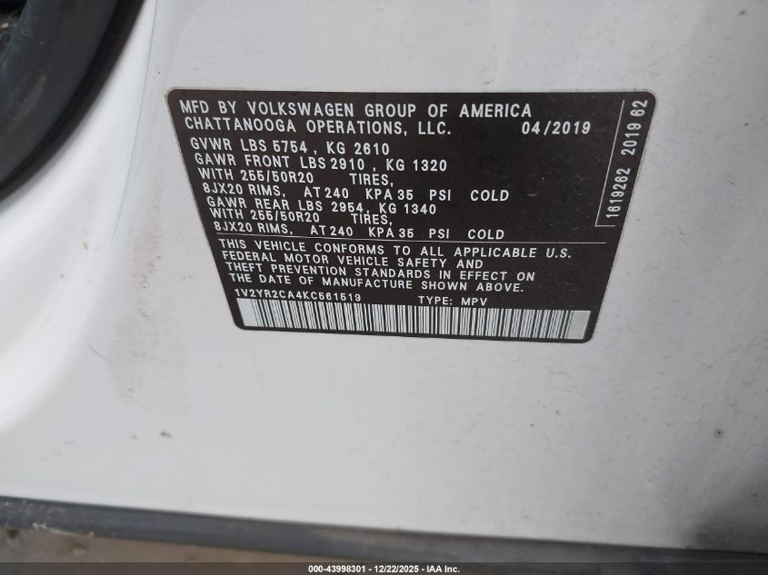 2019 Volkswagen Atlas 3.6L V6 Se W/Technology R-Line VIN: 1V2YR2CA4KC561519 Lot: 43998301