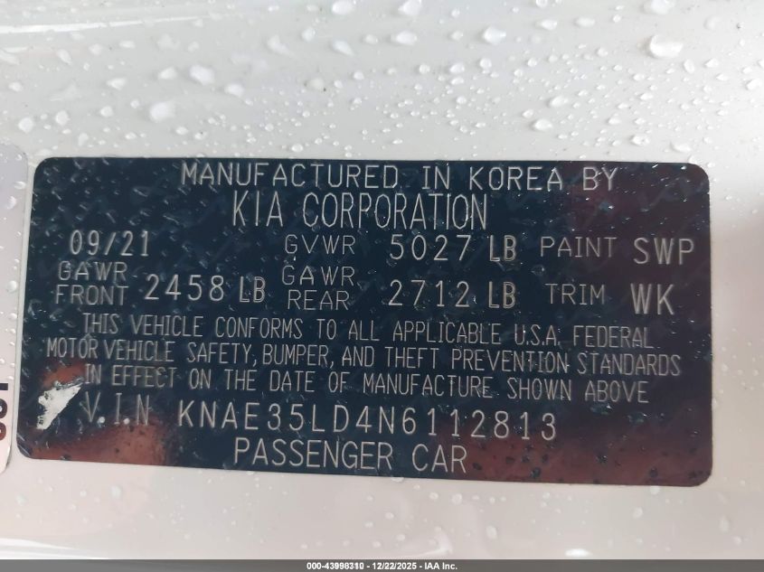 2022 Kia Stinger Gt-Line VIN: KNAE35LD4N6112813 Lot: 43998310