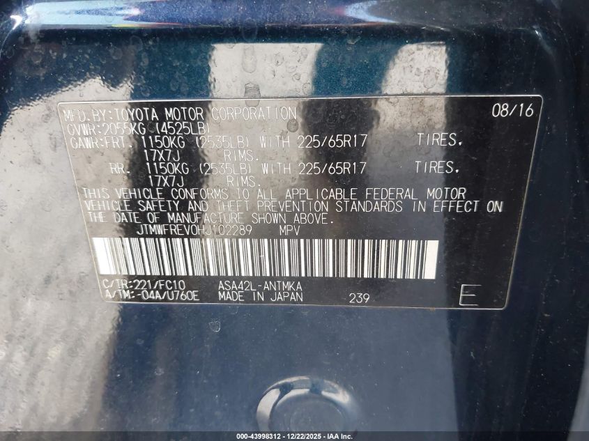 2017 Toyota Rav4 Xle VIN: JTMWFREV0HJ102289 Lot: 43998312