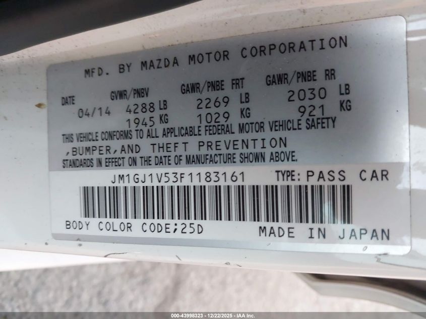 2015 Mazda Mazda6 I Touring VIN: JM1GJ1V53F1183161 Lot: 43998323