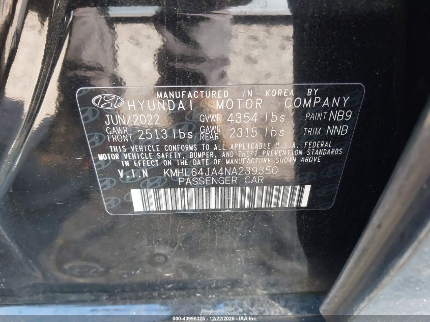 2022 Hyundai Sonata Sel VIN: KMHL64JA4NA239350 Lot: 43998325