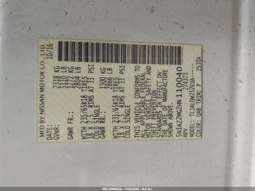 2017 Nissan Murano Platinum/S/Sl/Sv VIN: 5N1AZ2MG2HN110040 Lot: 43998334