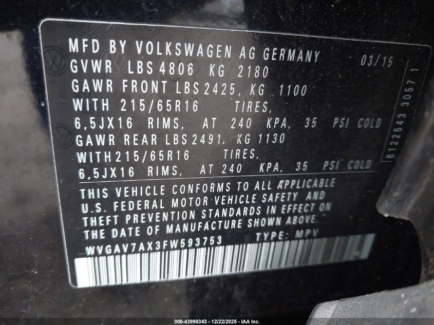 2015 Volkswagen Tiguan S VIN: WVGAV7AX3FW593753 Lot: 43998343