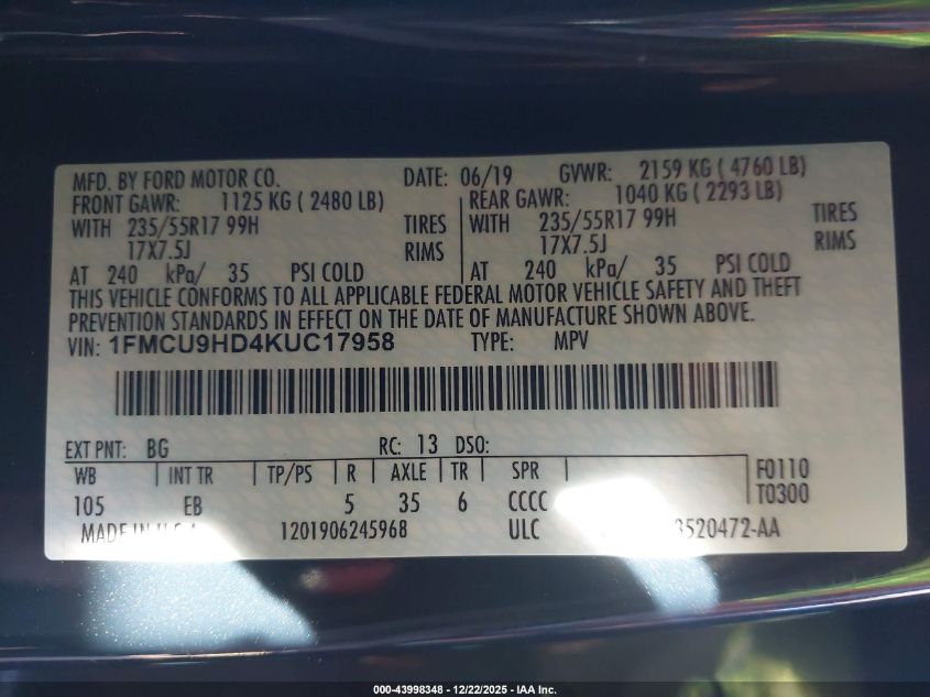 2019 Ford Escape Sel VIN: 1FMCU9HD4KUC17958 Lot: 43998348