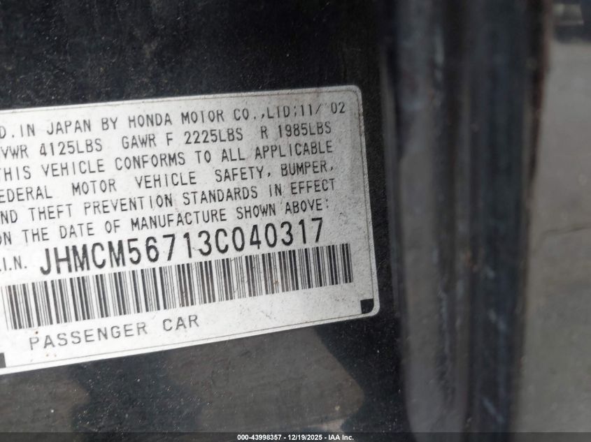 2003 Honda Accord 2.4 Ex VIN: JHMCM56713C040317 Lot: 43998357