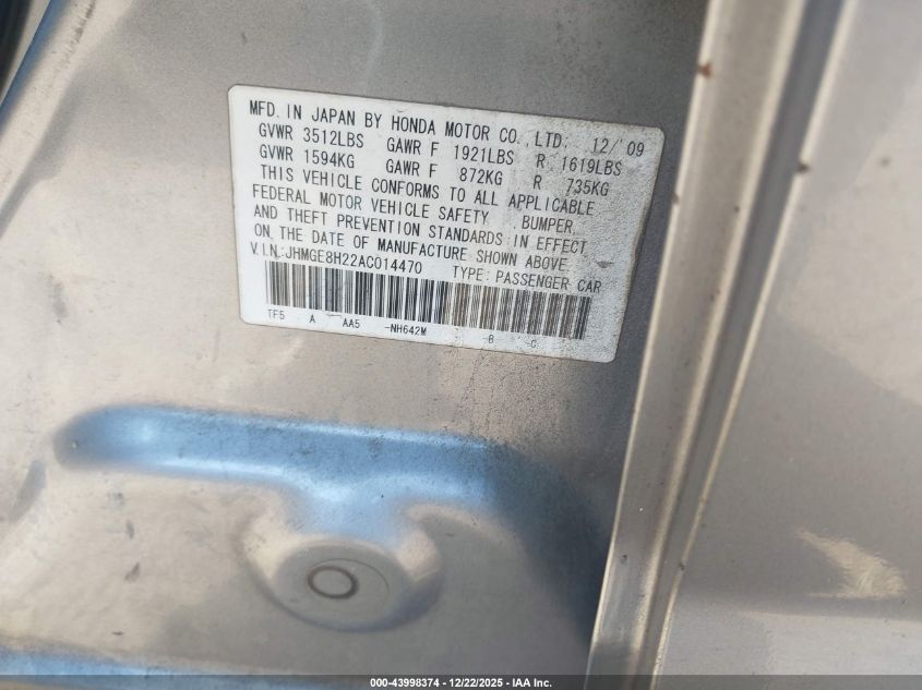 2010 Honda Fit VIN: JHMGE8H22AC014470 Lot: 43998374