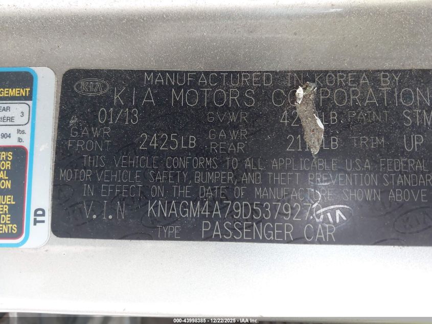 2013 Kia Optima Lx VIN: KNAGM4A79D5379270 Lot: 43998385