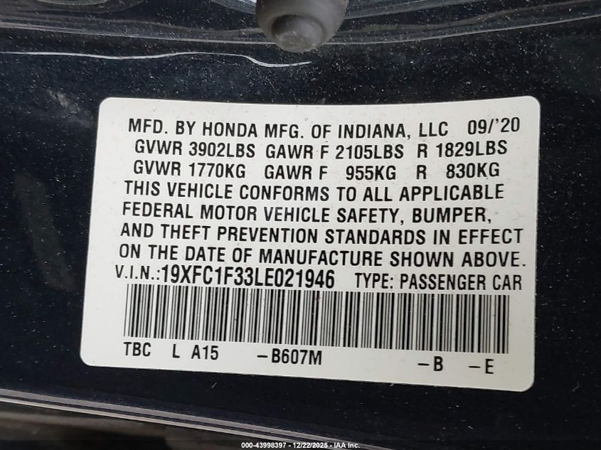 2020 Honda Civic Ex VIN: 19XFC1F33LE021946 Lot: 43998397