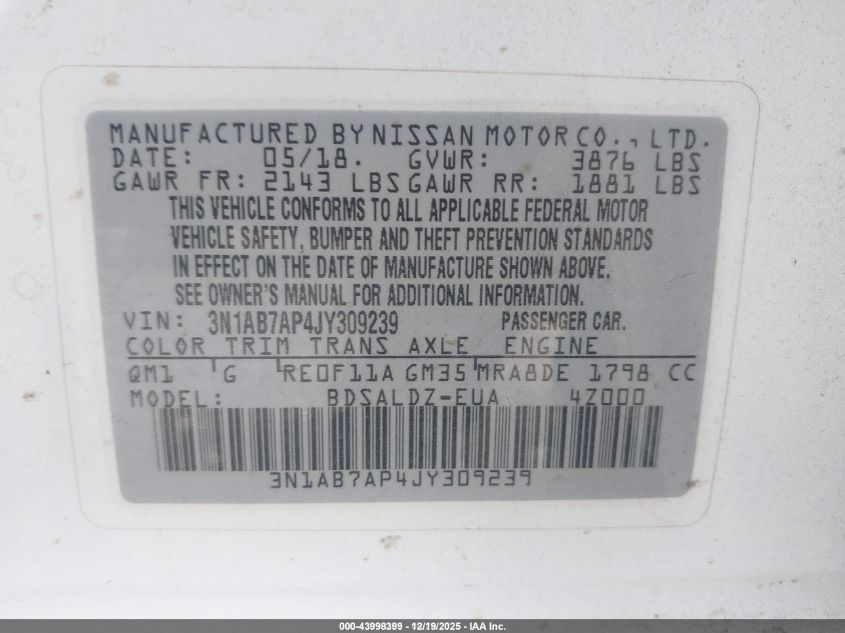 2018 Nissan Sentra Sv VIN: 3N1AB7AP4JY309239 Lot: 43998399