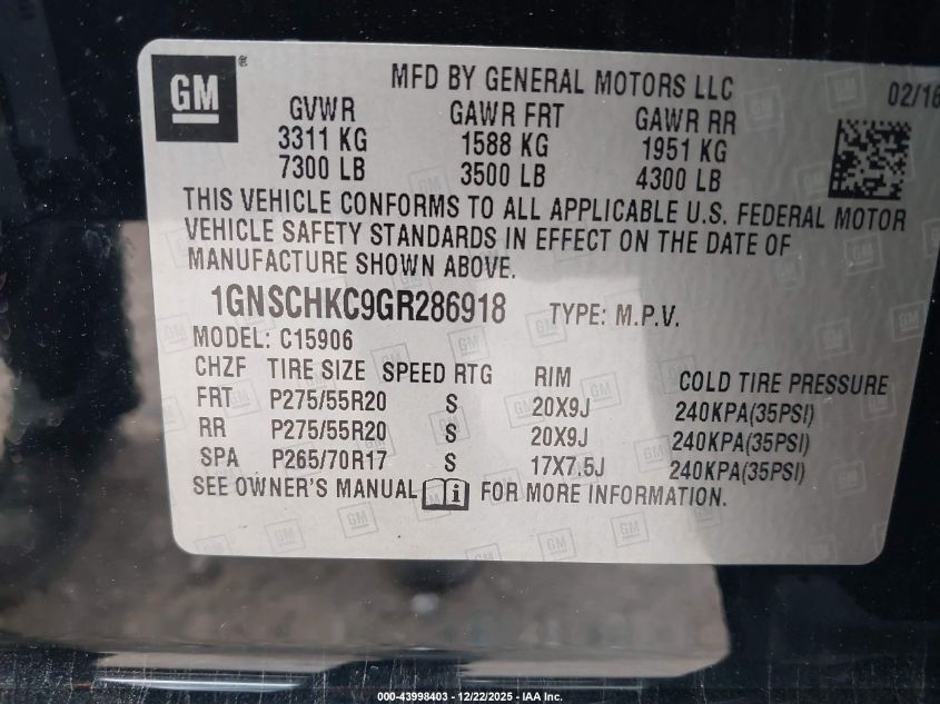 2016 Chevrolet Suburban Lt VIN: 1GNSCHKC9GR286918 Lot: 43998403