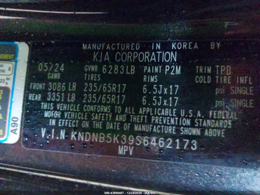 2025 Kia Carnival Mpv Lxs VIN: KNDNB5K39S6462173 Lot: 43998407