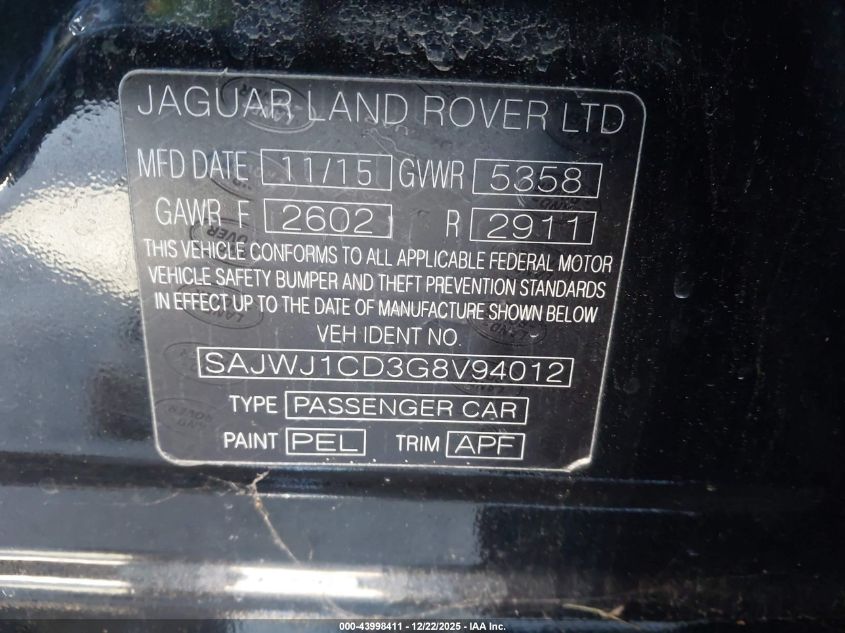 2016 Jaguar Xj R-Sport VIN: SAJWJ1CD3G8V94012 Lot: 43998411