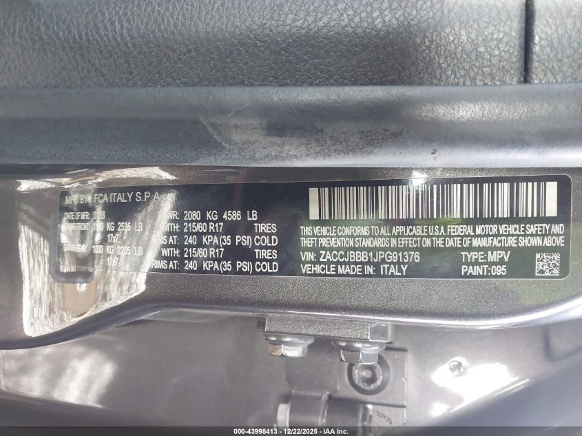 2018 Jeep Renegade Latitude 4X4 VIN: ZACCJBBB1JPG91376 Lot: 43998413