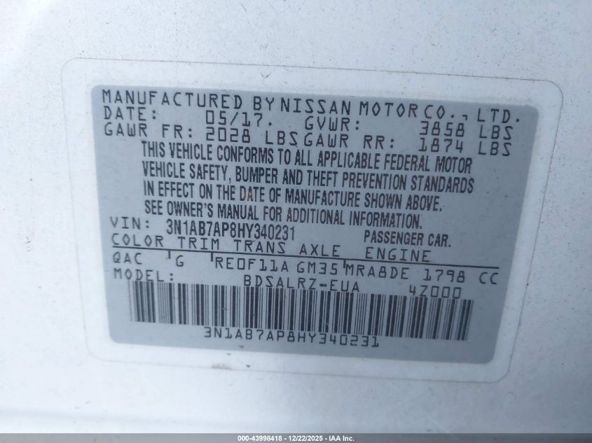 2017 Nissan Sentra Sr VIN: 3N1AB7AP8HY340231 Lot: 43998418