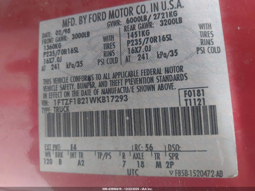 1998 Ford F-150 Standard/Xl/Xlt VIN: 1FTZF1821WKB17293 Lot: 43998419