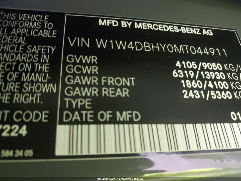 2021 Mercedes-Benz Sprinter 2500 Standard Roof I4 Diesel VIN: W1W4DBHY0MT044911 Lot: 43998422